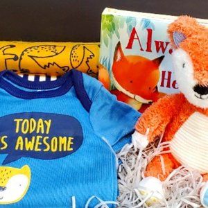 Baby Shower Gifts.  Baby Boy Gift Basket.  Newborn Outfit, Book, Toys, New Baby